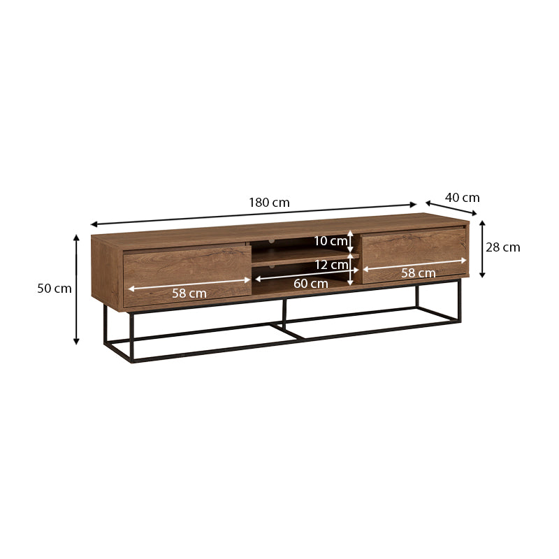 TV Stand SASCHA in walnut color, featuring a modern design with sturdy metal legs and melamine surface.