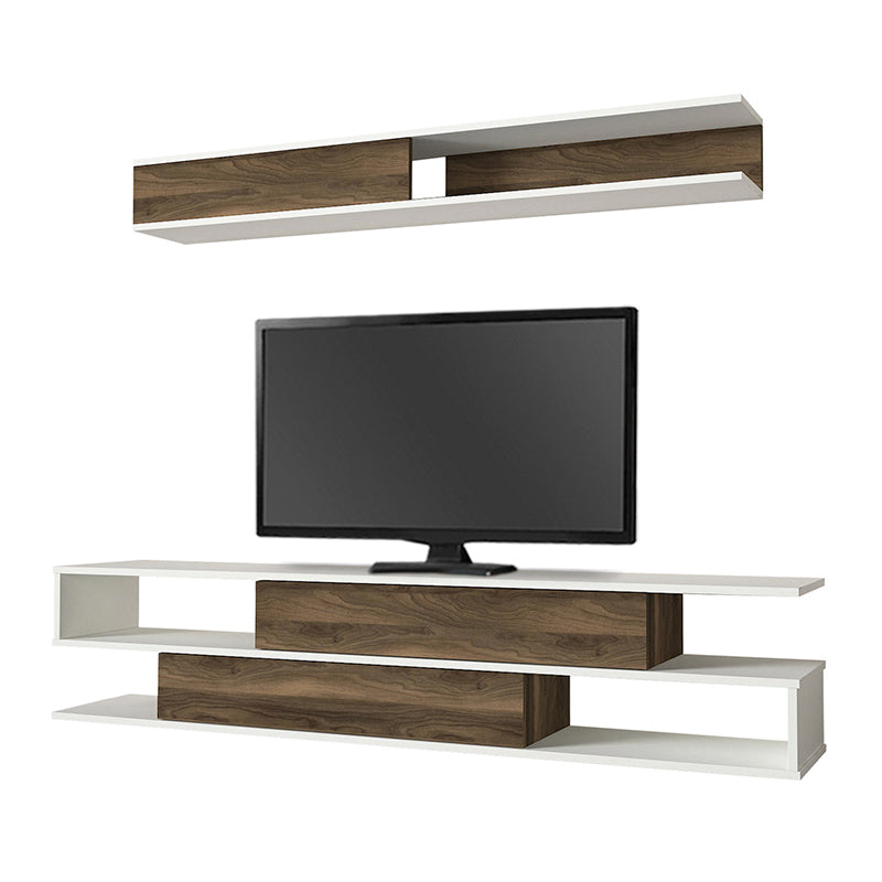 KARSTEN TV Stand Set in walnut finish with LED lighting, showcasing modern design and spacious shelves.