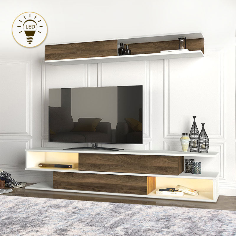 KARSTEN TV Stand Set in walnut finish with LED lighting, showcasing modern design and spacious shelves.