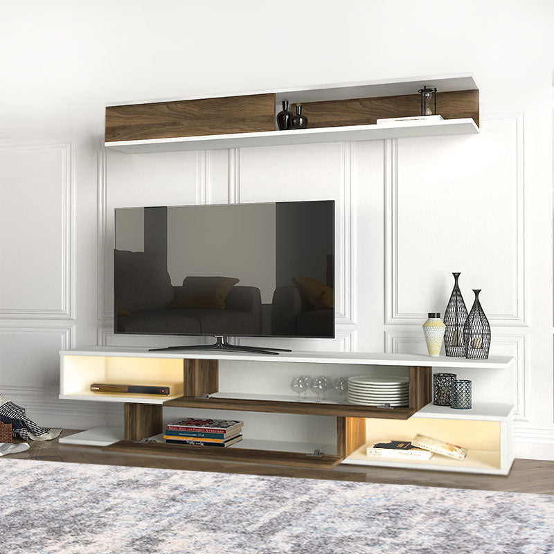 KARSTEN TV Stand Set in walnut finish with LED lighting, showcasing modern design and spacious shelves.