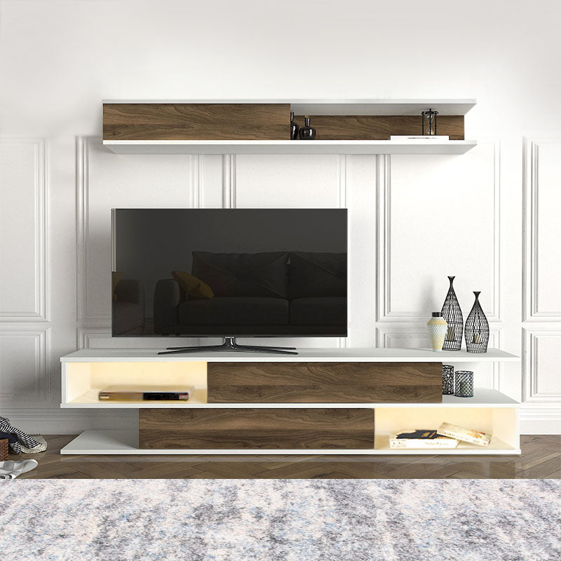 KARSTEN TV Stand Set in walnut finish with LED lighting, showcasing modern design and spacious shelves.