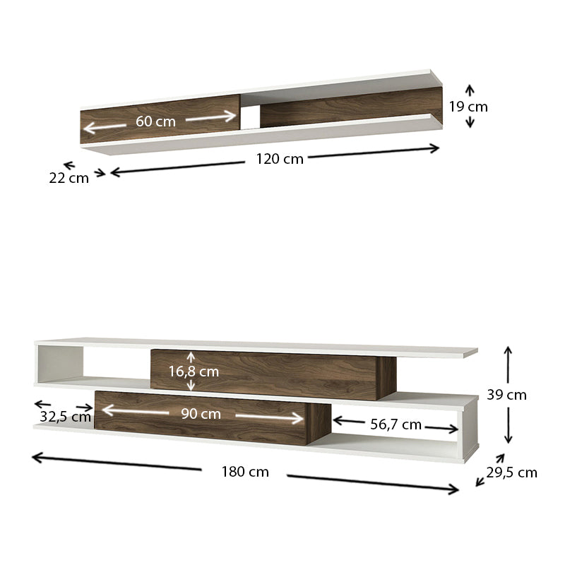 KARSTEN TV Stand Set in walnut finish with LED lighting, showcasing modern design and spacious shelves.