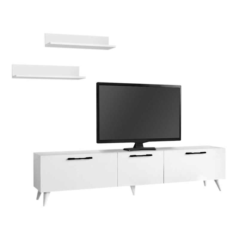 MARA TV Stand Set in white melamine, featuring two shelves and five legs for stability, designed for modern living spaces.