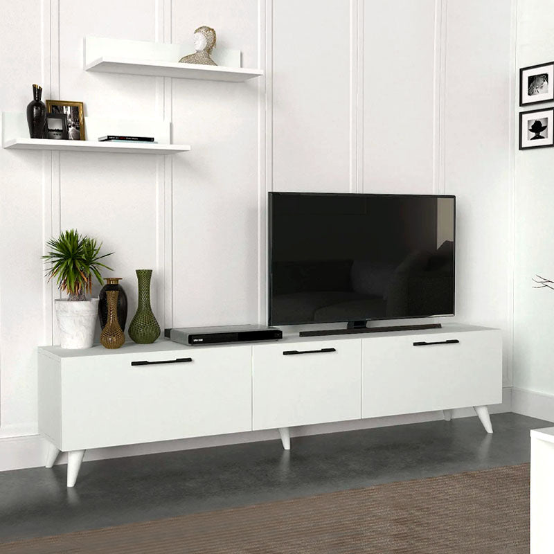 MARA TV Stand Set in white melamine, featuring two shelves and five legs for stability, designed for modern living spaces.