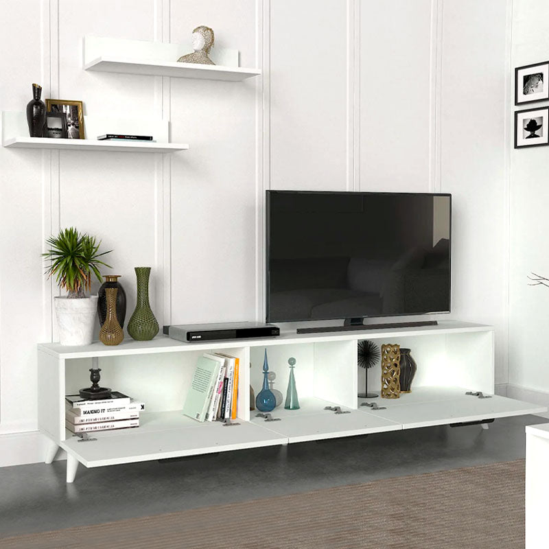 MARA TV Stand Set in white melamine, featuring two shelves and five legs for stability, designed for modern living spaces.