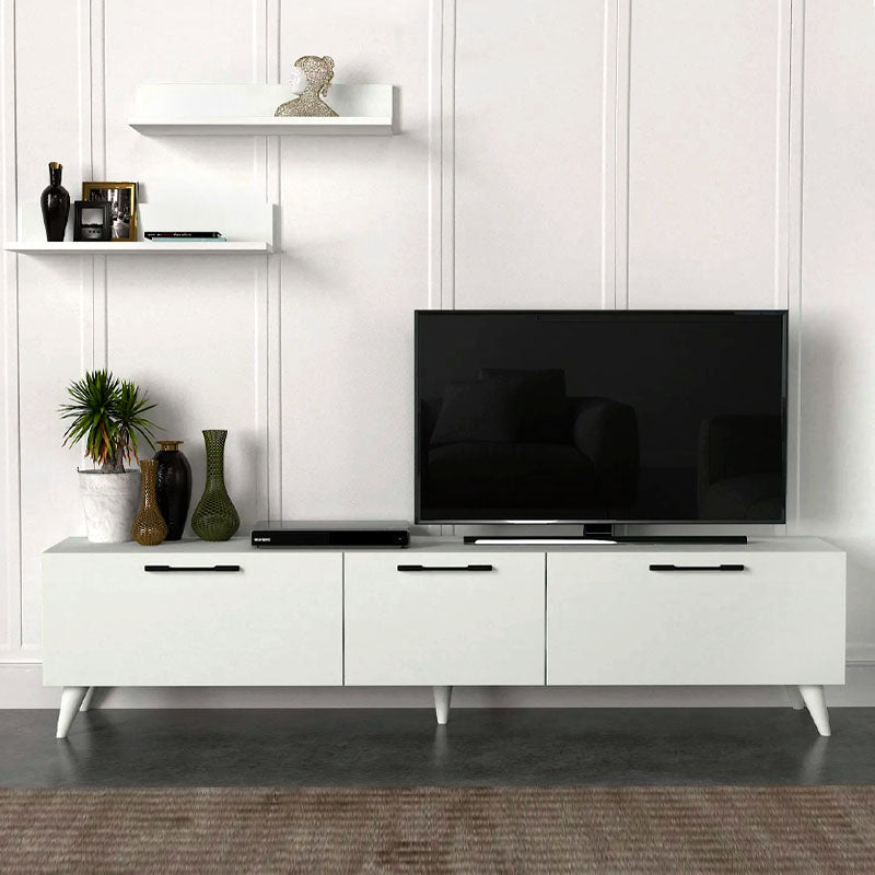 MARA TV Stand Set in white melamine, featuring two shelves and five legs for stability, designed for modern living spaces.