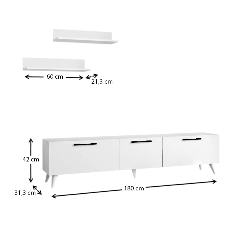 MARA TV Stand Set in white melamine, featuring two shelves and five legs for stability, designed for modern living spaces.