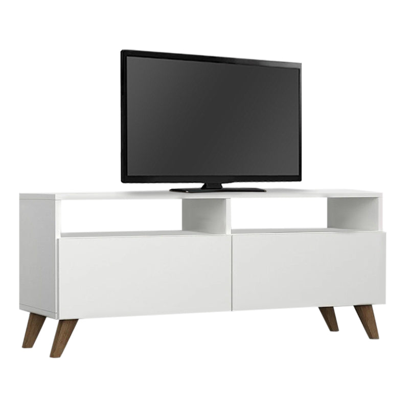 Stylish white melamine TV stand SIDNEY with two cabinets and shelves, dimensions 120x35x50 cm.