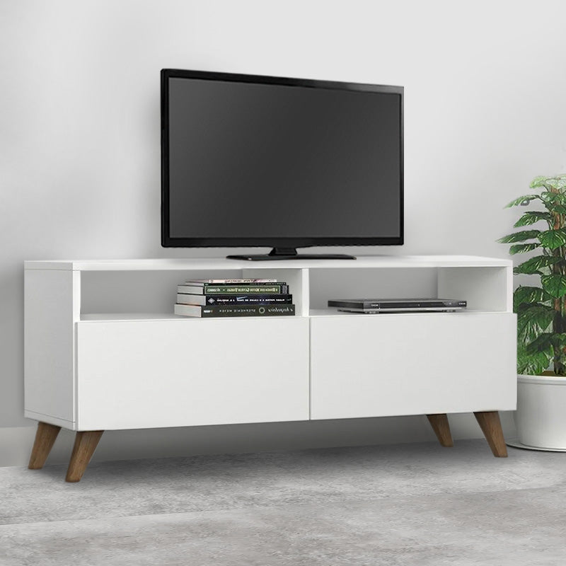 Stylish white melamine TV stand SIDNEY with two cabinets and shelves, dimensions 120x35x50 cm.