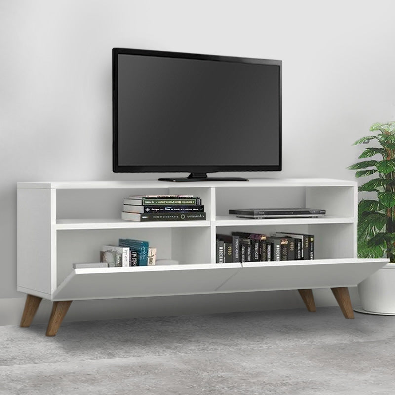 Stylish white melamine TV stand SIDNEY with two cabinets and shelves, dimensions 120x35x50 cm.