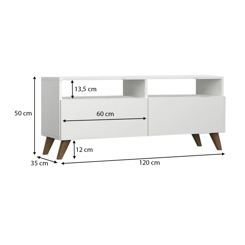 Stylish white melamine TV stand SIDNEY with two cabinets and shelves, dimensions 120x35x50 cm.