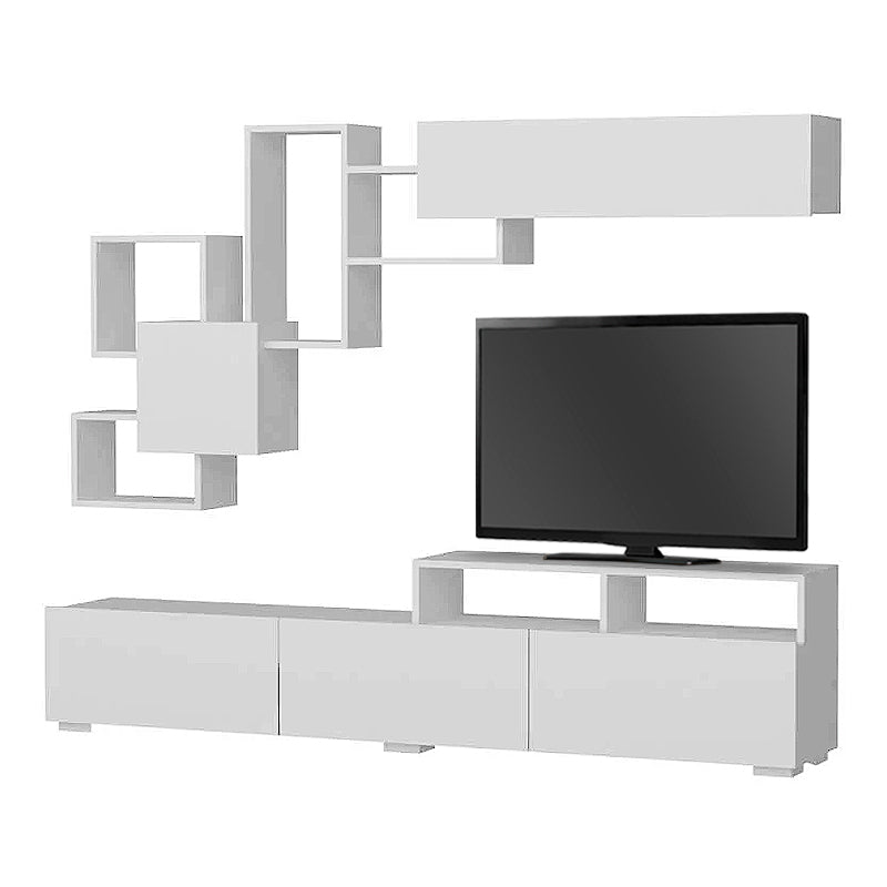 White TV Stand STELLA with three cabinets and two shelves, showcasing a modern design and melamine finish.