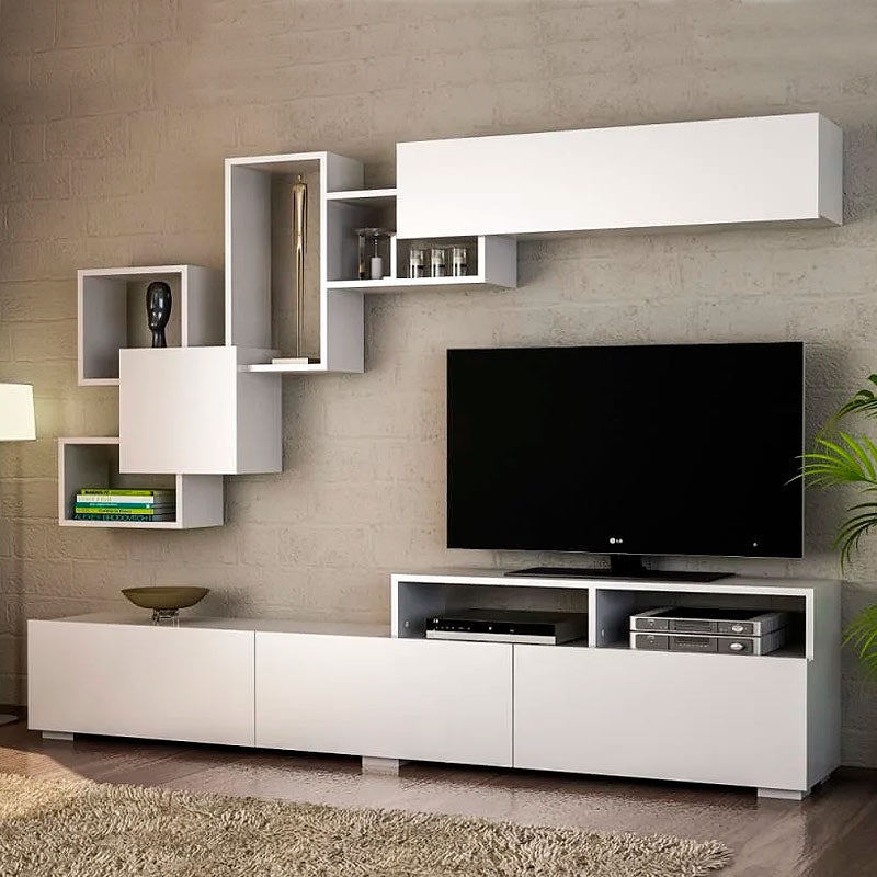 White TV Stand STELLA with three cabinets and two shelves, showcasing a modern design and melamine finish.