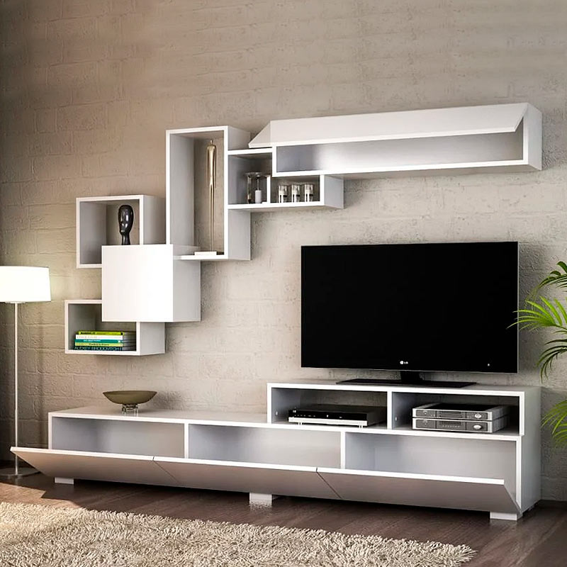 White TV Stand STELLA with three cabinets and two shelves, showcasing a modern design and melamine finish.