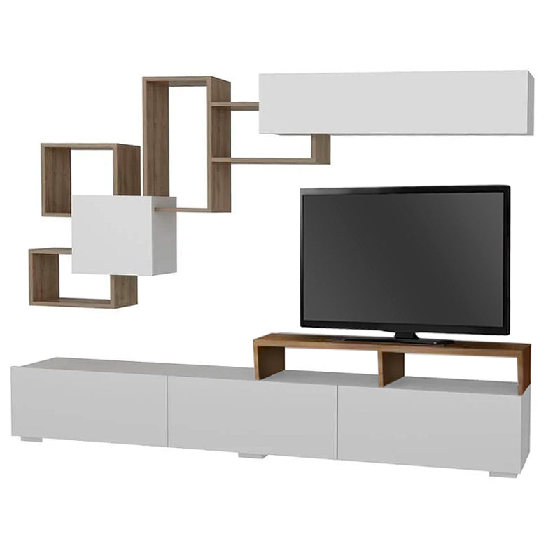 STELLA White/Walnut TV Stand featuring three cabinets and two shelves, designed for modern living spaces.