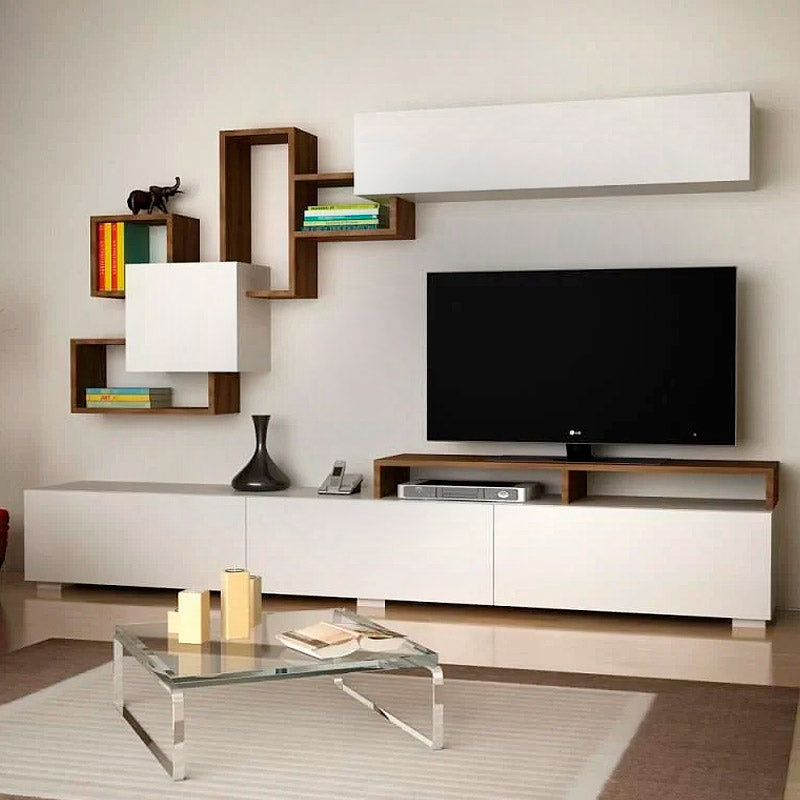 STELLA White/Walnut TV Stand featuring three cabinets and two shelves, designed for modern living spaces.