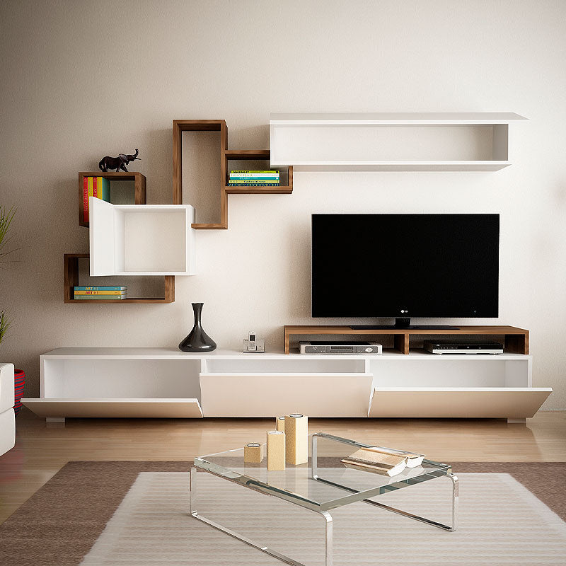 STELLA White/Walnut TV Stand featuring three cabinets and two shelves, designed for modern living spaces.