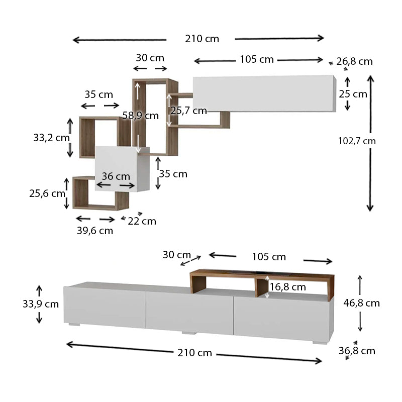 STELLA White/Walnut TV Stand featuring three cabinets and two shelves, designed for modern living spaces.