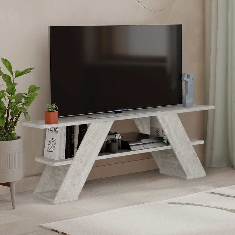 TV Stand SWEDEN in ancient white, featuring a sleek design and durable melamine construction, measuring 120x33.5x40 cm.