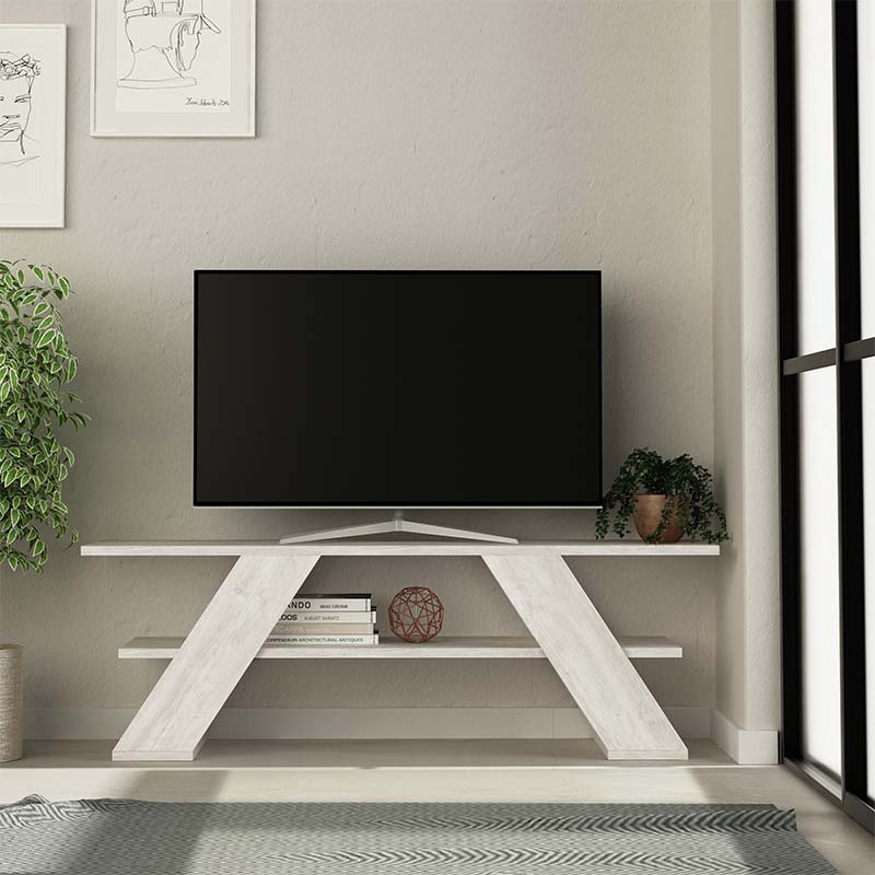 TV Stand SWEDEN in ancient white, featuring a sleek design and durable melamine construction, measuring 120x33.5x40 cm.