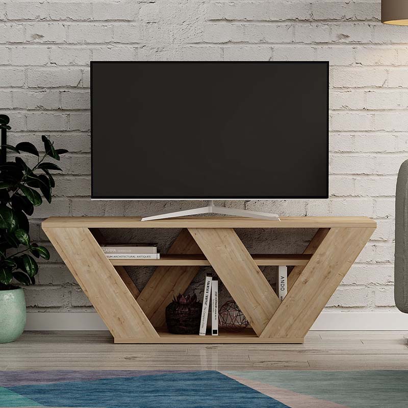 WOLLE Oak TV Stand featuring a sleek design in oak color, measuring 110x30x40 cm, made from durable melamine material.