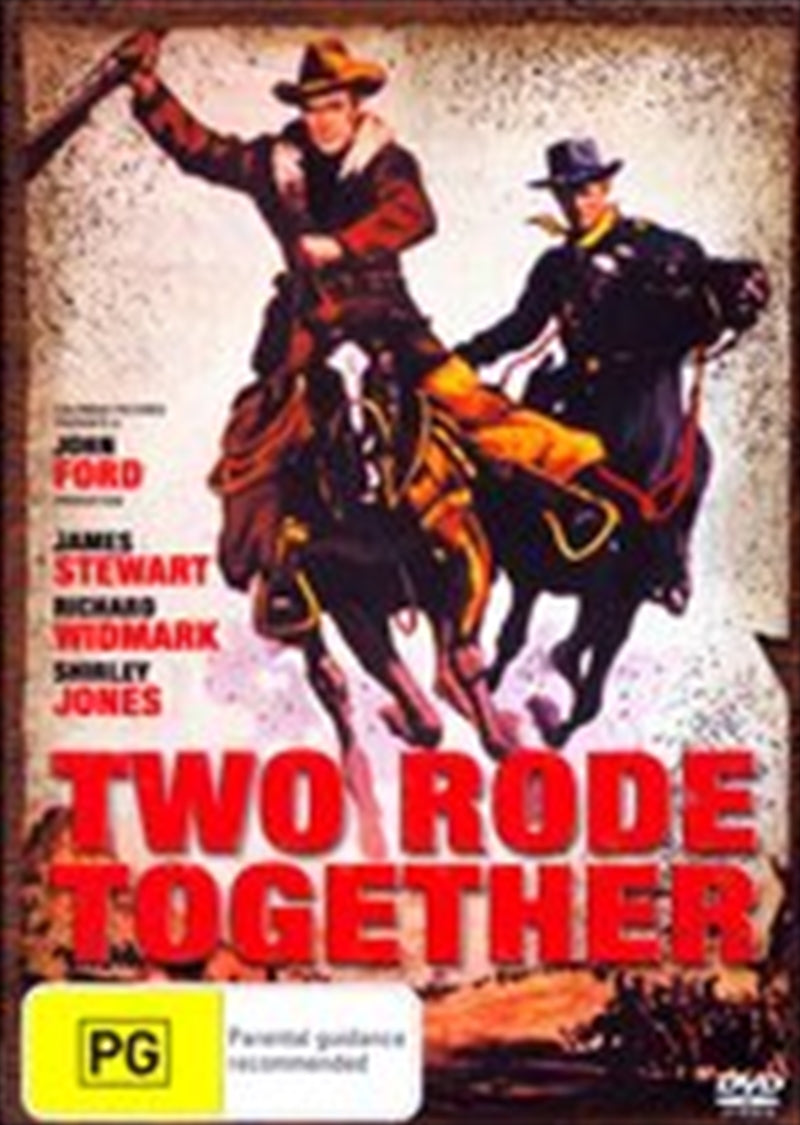 DVD cover of 'Two Rode Together' featuring John Ford and Jimmy Stewart in a classic Western setting.