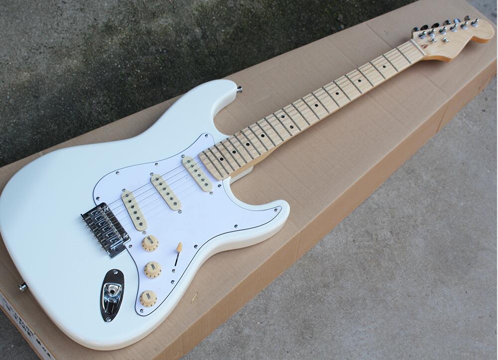 Two Styles Factory Wholesale White Electric Guitar showcasing a sleek white finish and solid body design, ideal for beginners.