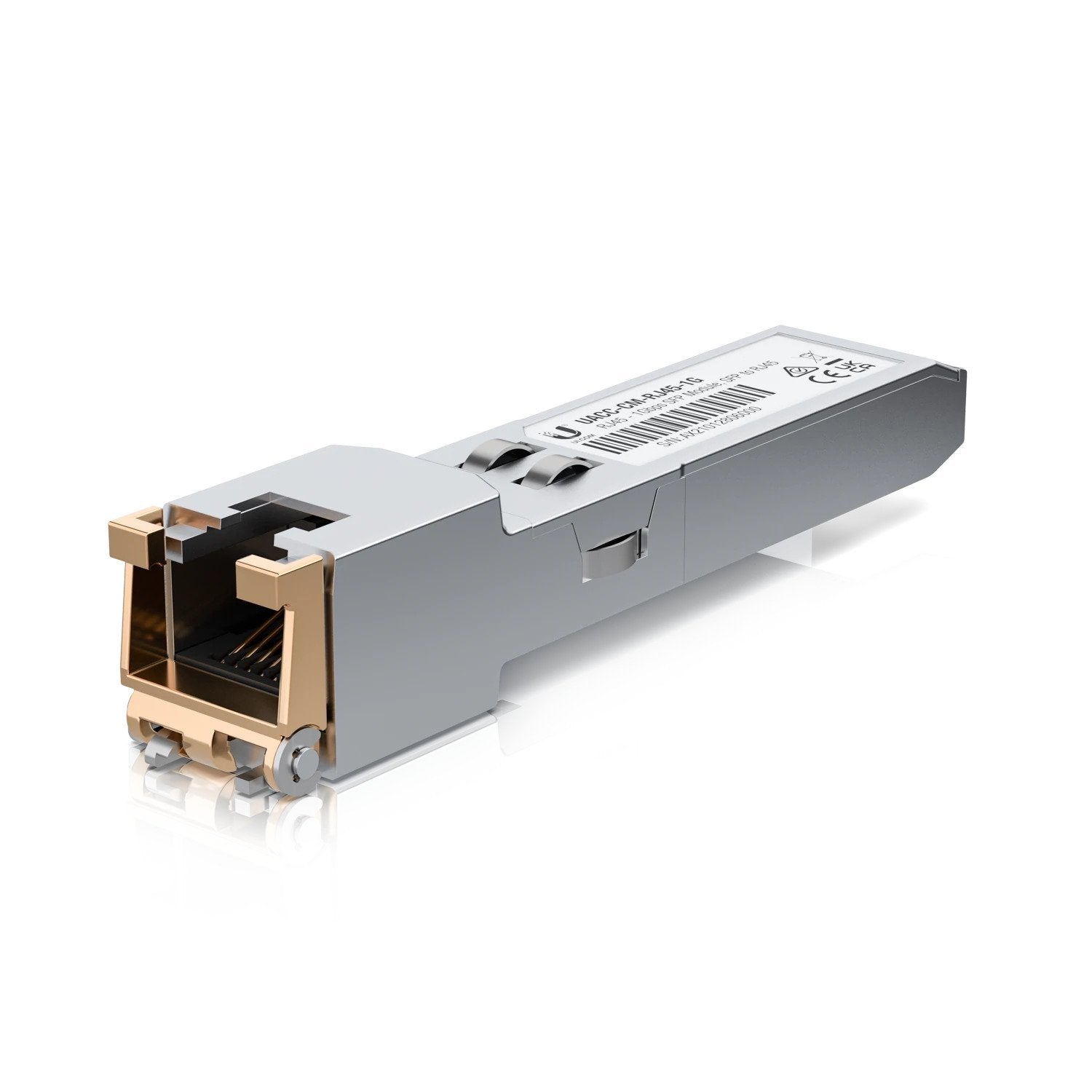 Ubiquiti SFP to RJ45 Transceiver Module, showcasing its compact design and copper interface for network connectivity.