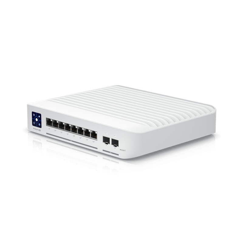 UBIQUITI Switch Enterprise 8-port PoE+ with touchscreen display and multiple ports for high-speed connectivity.