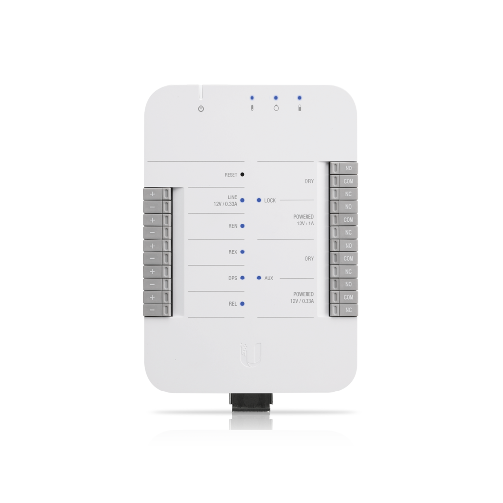 UBIQUITI UniFi Access Hub, an intelligent IP networked door controller with multiple interfaces for enhanced security.