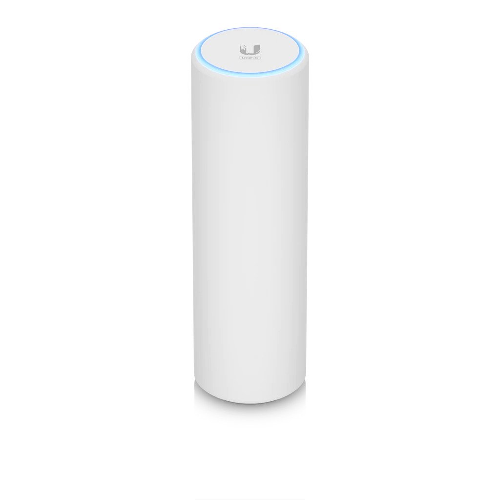 UBIQUITI Unifi Wi-Fi 6 Mesh AP with sleek design, showcasing dual-band antennas and PoE injector for enhanced connectivity.