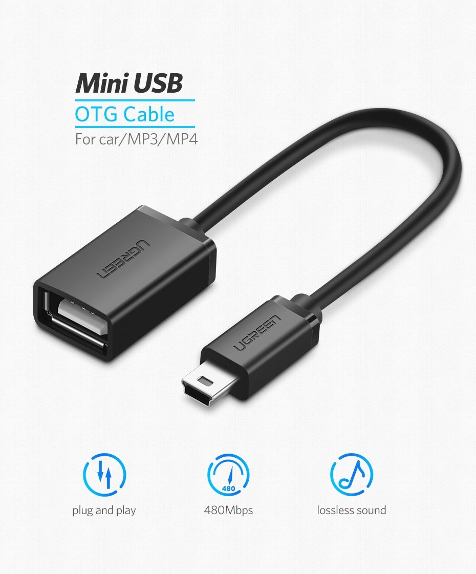 UGREEN 10383 Mini USB Male to USB Female OTG Cable, featuring nickel-plated connectors and a compact 15cm length for easy connectivity.