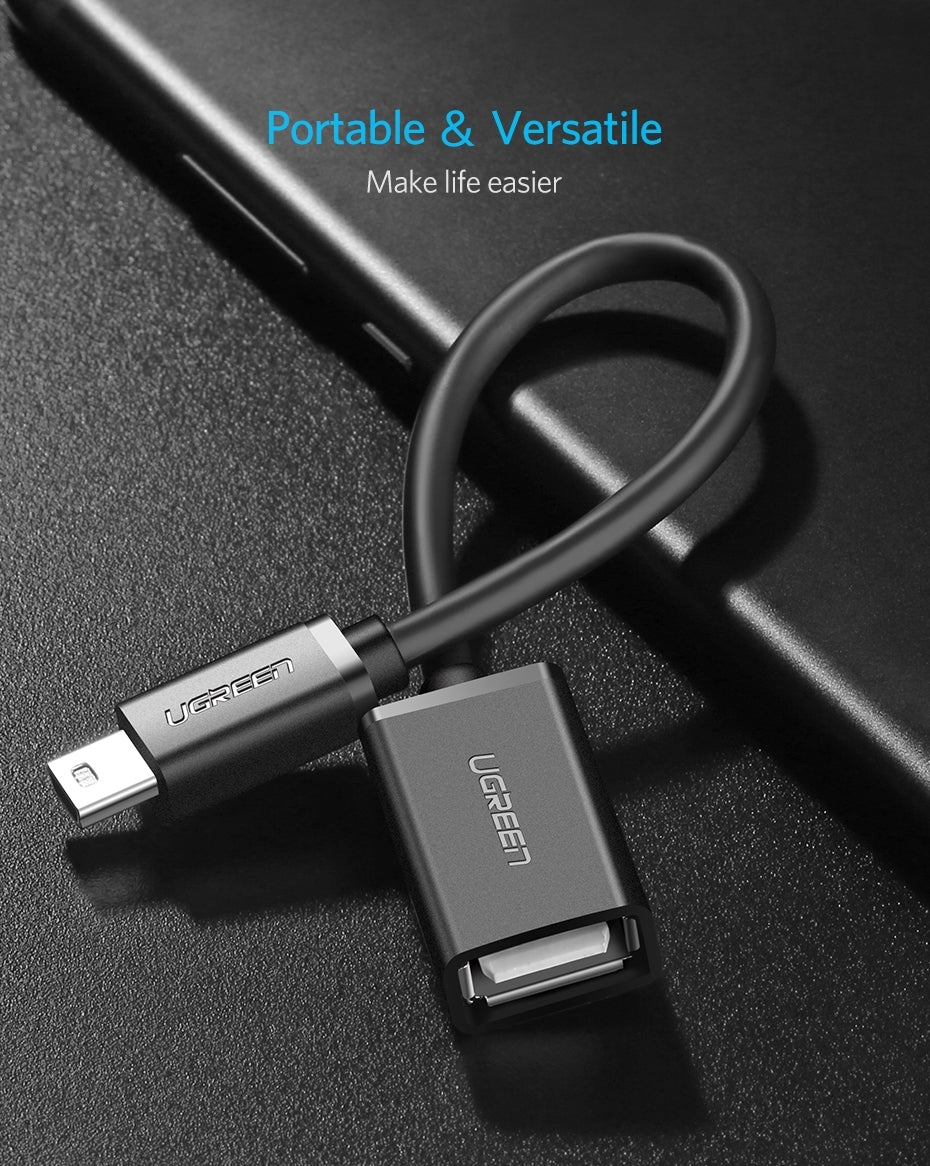 UGREEN 10383 Mini USB Male to USB Female OTG Cable, featuring nickel-plated connectors and a compact 15cm length for easy connectivity.