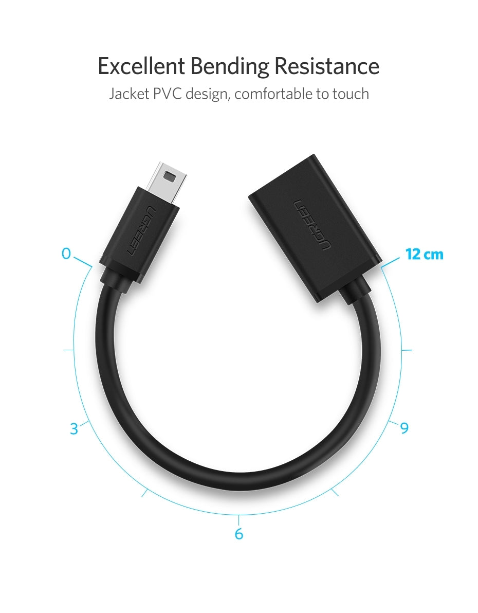 UGREEN 10383 Mini USB Male to USB Female OTG Cable, featuring nickel-plated connectors and a compact 15cm length for easy connectivity.