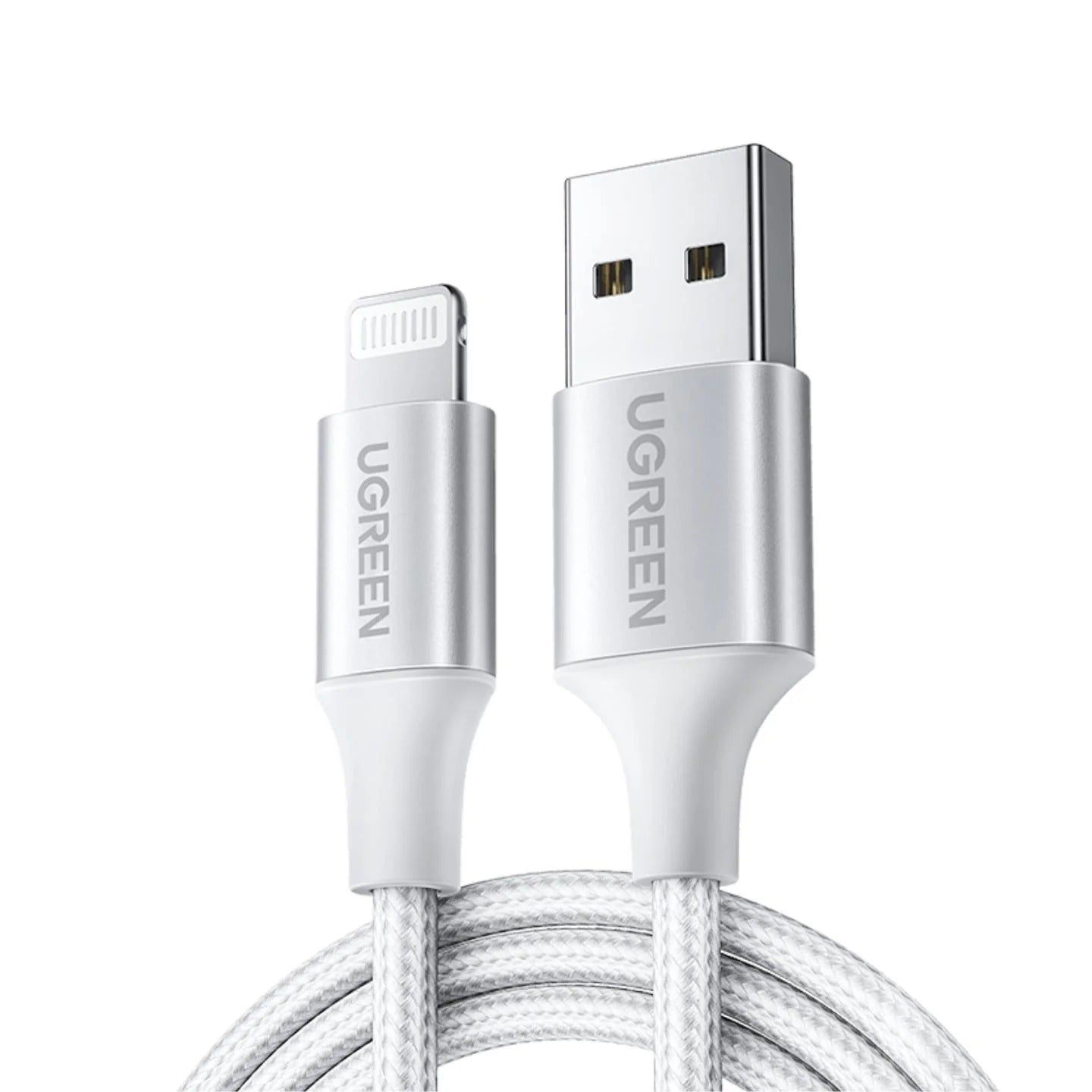 UGREEN 60163 USB-A to 8-pin iPhone Charging Cable in silver, featuring a durable nylon braided design and aluminum connector.