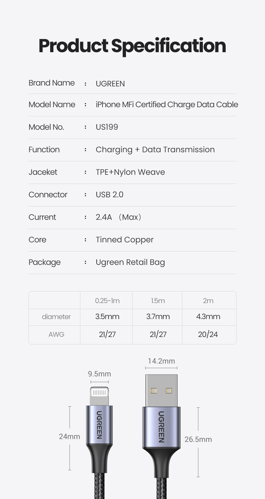 UGREEN 60163 USB-A to 8-pin iPhone Charging Cable in silver, featuring a durable nylon braided design and aluminum connector.