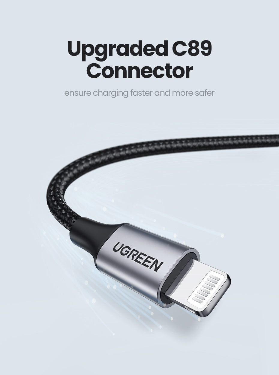 UGREEN 60163 USB-A to 8-pin iPhone Charging Cable in silver, featuring a durable nylon braided design and aluminum connector.