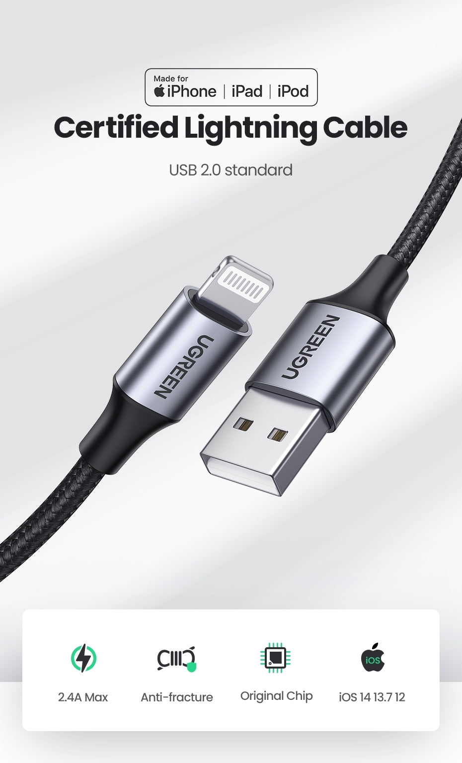 UGREEN 60163 USB-A to 8-pin iPhone Charging Cable in silver, featuring a durable nylon braided design and aluminum connector.