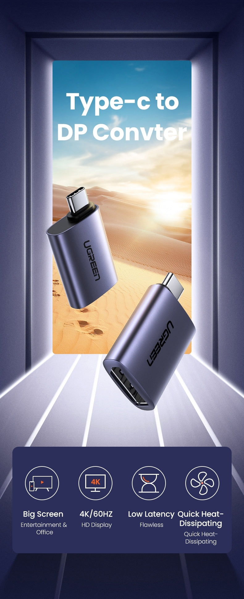 UGREEN 70451 USB-C Male to DP Female Adapter with aluminum case, showcasing its compact design and high-resolution capabilities.