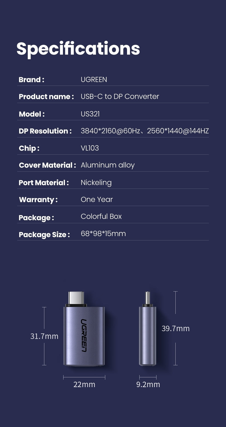 UGREEN 70451 USB-C Male to DP Female Adapter with aluminum case, showcasing its compact design and high-resolution capabilities.