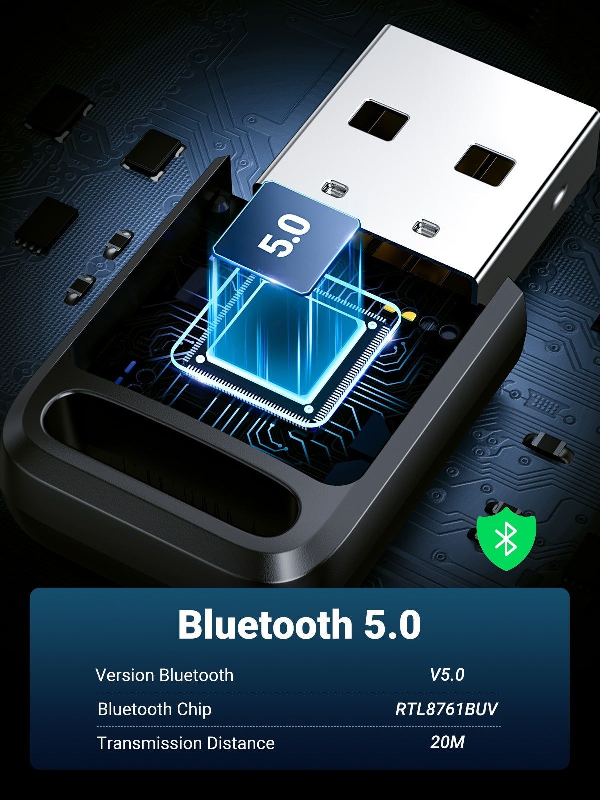 UGREEN 80890 Bluetooth 5.0 USB Adapter, compact design with USB connector, ideal for connecting multiple Bluetooth devices.