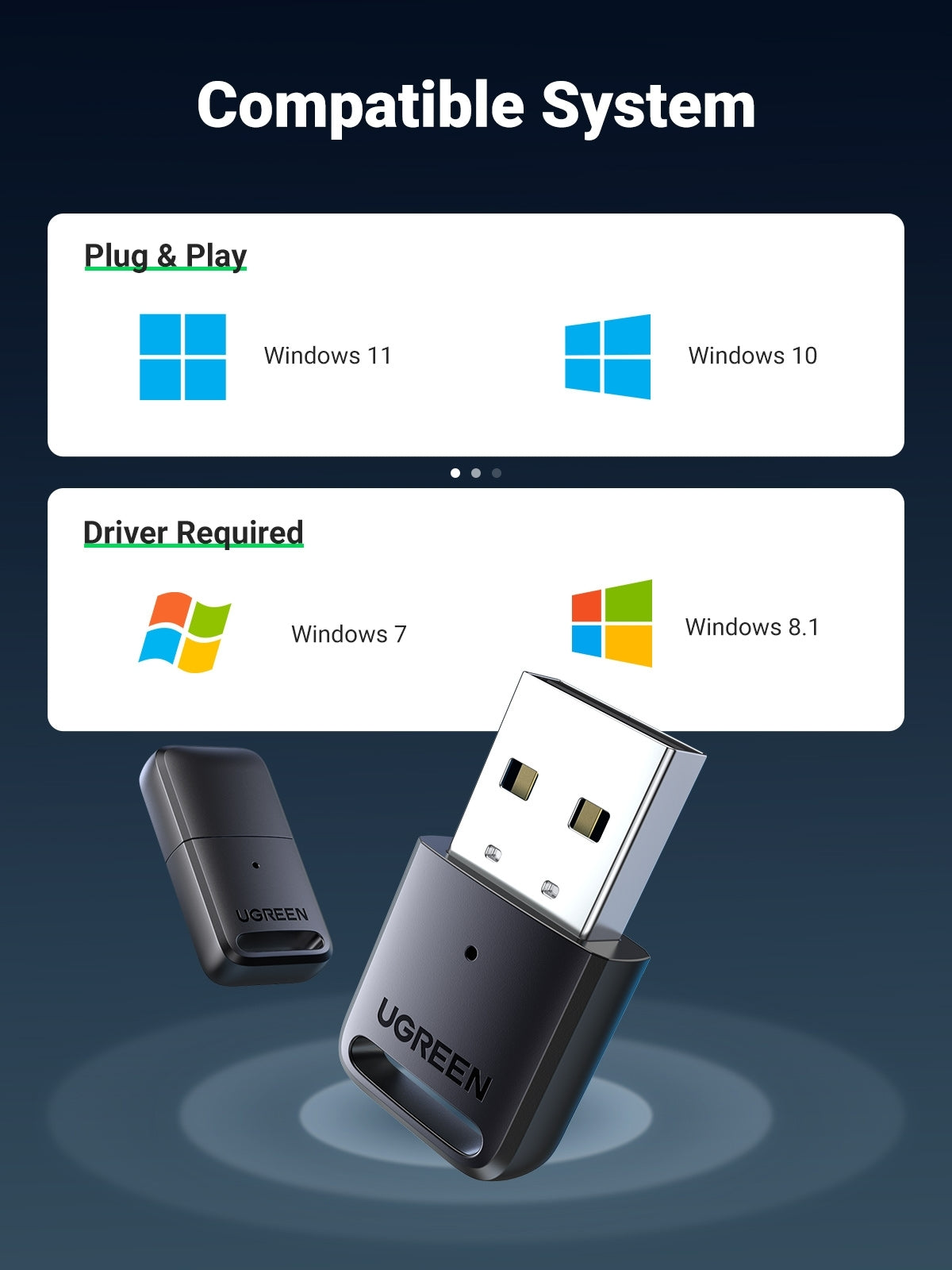 UGREEN 80890 Bluetooth 5.0 USB Adapter, compact design with USB connector, ideal for connecting multiple Bluetooth devices.