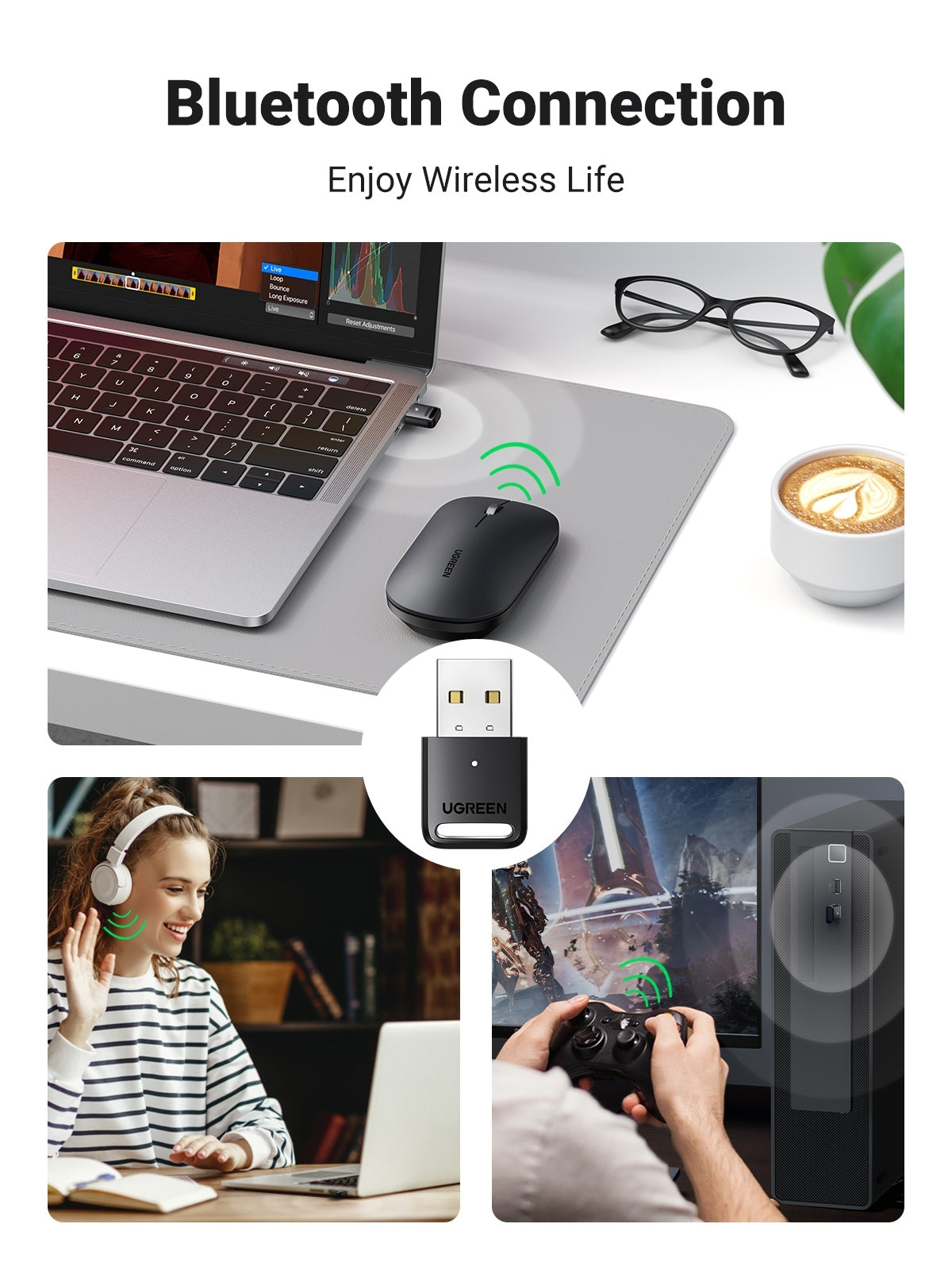 UGREEN 80890 Bluetooth 5.0 USB Adapter, compact design with USB connector, ideal for connecting multiple Bluetooth devices.