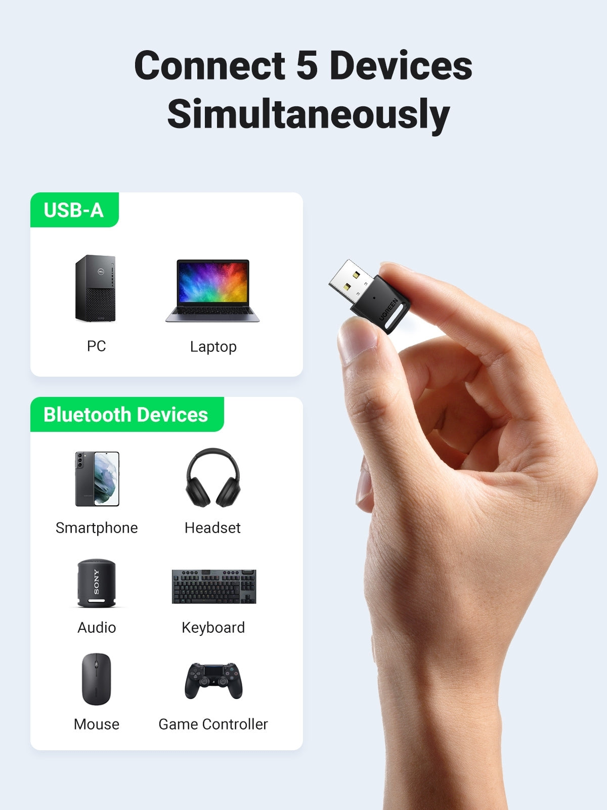 UGREEN 80890 Bluetooth 5.0 USB Adapter, compact design with USB connector, ideal for connecting multiple Bluetooth devices.