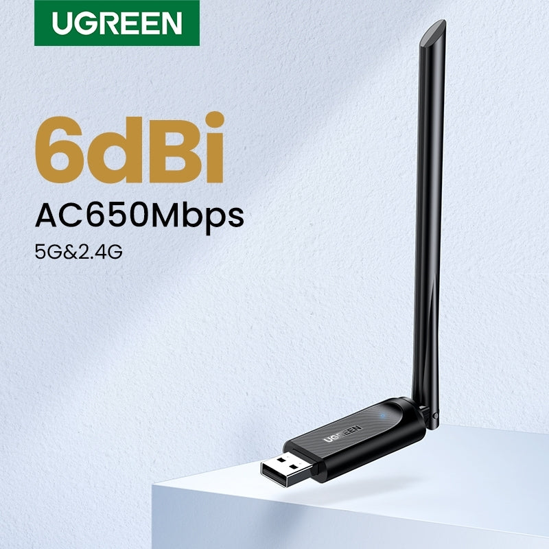 UGREEN 90339 AC650 High-Gain Dual Band Wireless USB Adapter with adjustable antenna for enhanced WiFi connectivity.