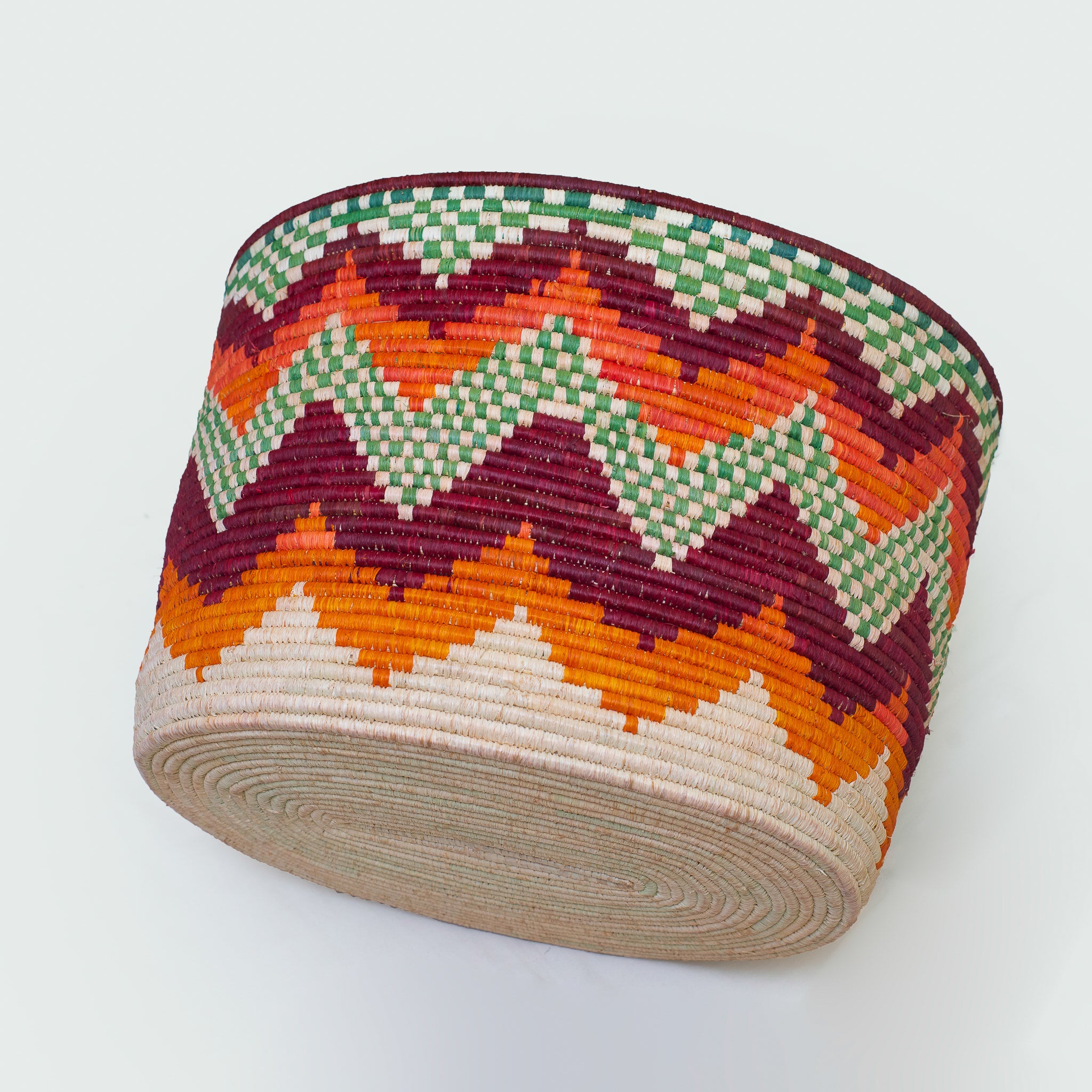 Colorful woven zigzag pattern basket.