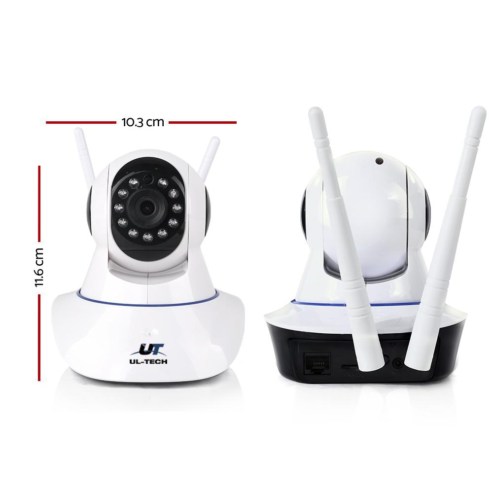 UL Tech Set of 2 1080P IP Wireless Cameras in white, showcasing sleek design and advanced surveillance features.