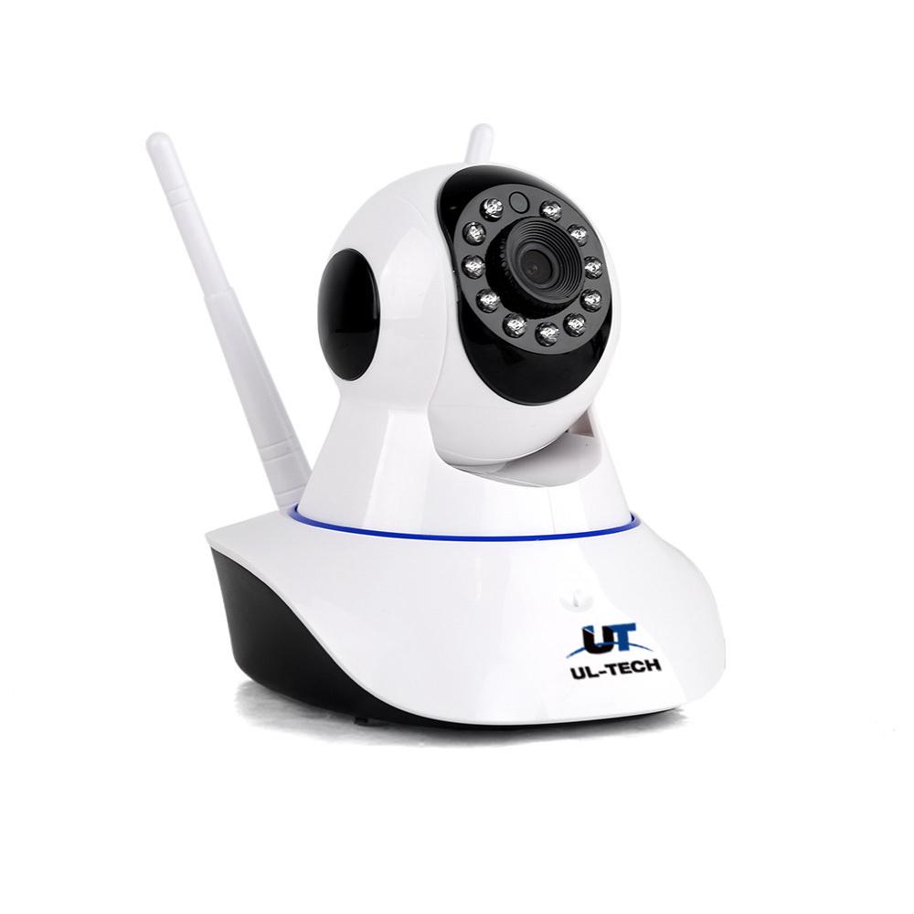 UL Tech Set of 2 1080P IP Wireless Cameras in white, showcasing sleek design and advanced surveillance features.