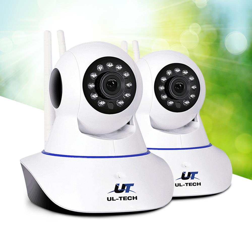 UL Tech Set of 2 1080P IP Wireless Cameras in white, showcasing sleek design and advanced surveillance features.