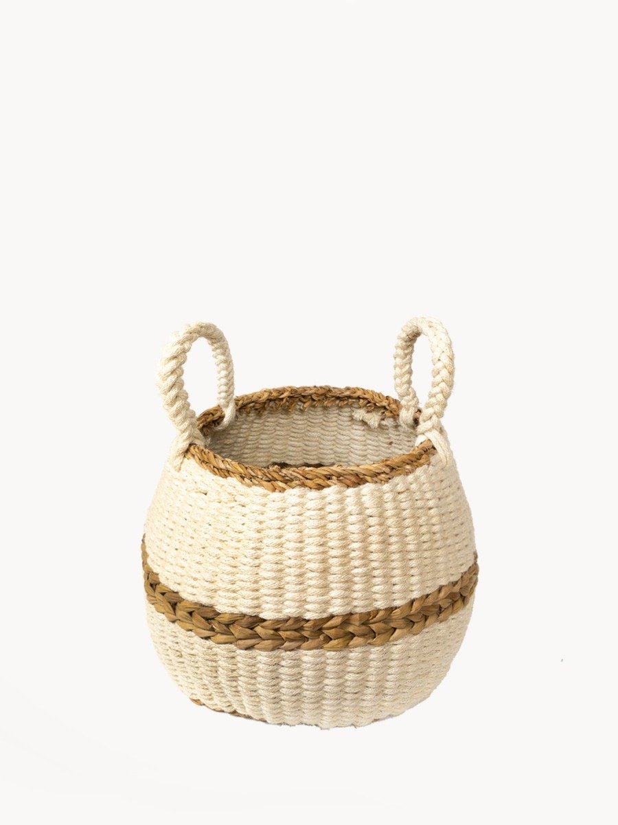 Ula Blanco Basket, handwoven from seagrass and jute, featuring a natural and white color scheme, perfect for stylish storage.